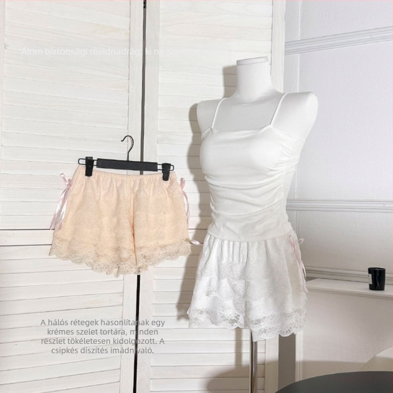 Női csipkés középmagas derekú biztonsági rövidnadrág, könnyű nylon anyag, 84% nylon, nyári stílus