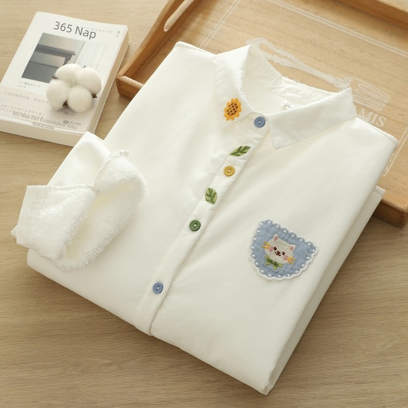 Női téli fleece-bevonatú ing, japán stílus, fehér, 100% pamut, meleg és vastag alapréteg