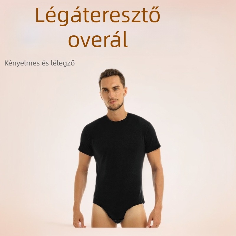 Férfi rövid ujjú pizsama overál, snap záródás, lélegző poliészter anyag, vékony anyag, rövidnadrág