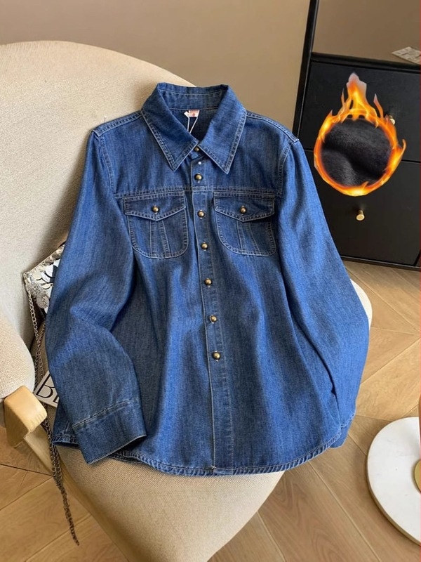 Kék farmering fleece-béléssel női változat, hosszú ujjú, polo gallér, laza szabás, közepes hosszúság