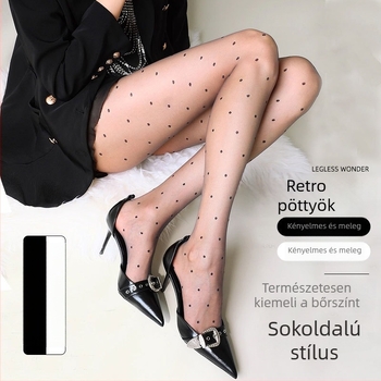 Női pöttyös harisnya Lolita jacquard mintával, ultra vékony, fekete, nylon, szív alakú masnival