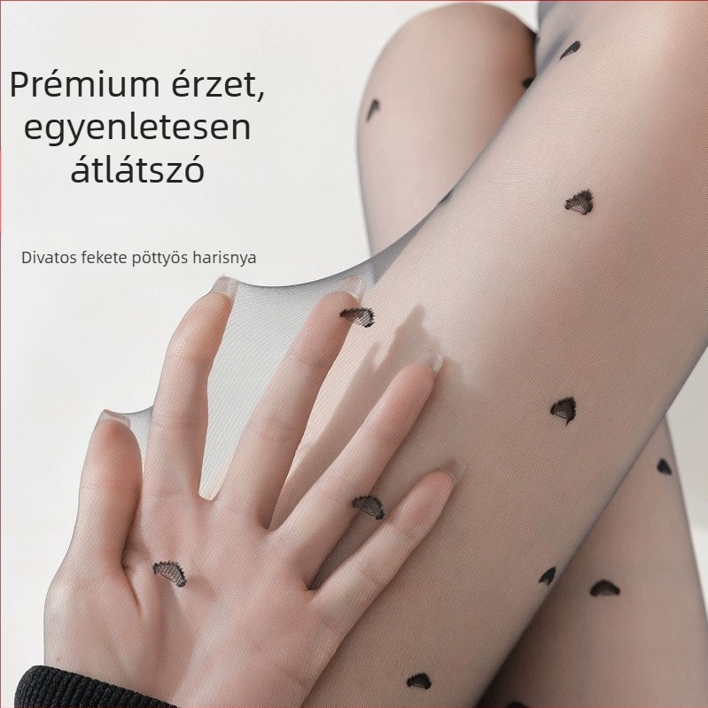 Női pöttyös harisnya Lolita jacquard mintával, ultra vékony, fekete, nylon, szív alakú masnival