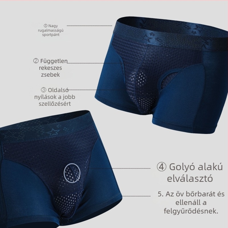 Férfi alsónemű hereszupporttal és golyóalakú elválasztással, zseb ice silk a visszerekhez, boxeralsó