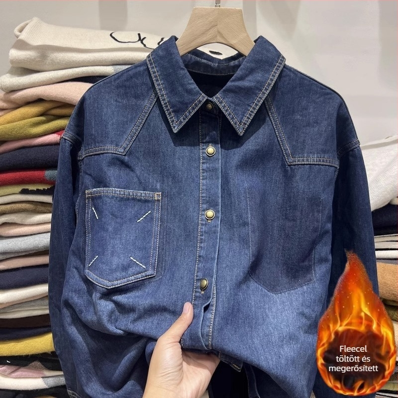 Denim ing színblokkal, 70–80% pamut, polo gallér, hosszú ujjú, laza szabás