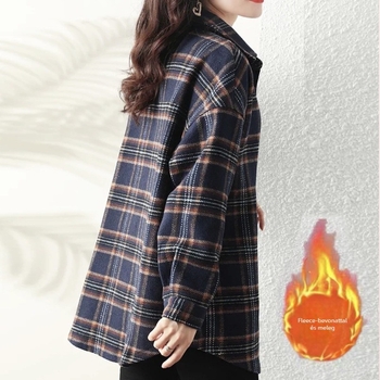 Női pamut kockás ing-jacka hosszú ujjú, polo gallér, zsebek, 70-80% pamut