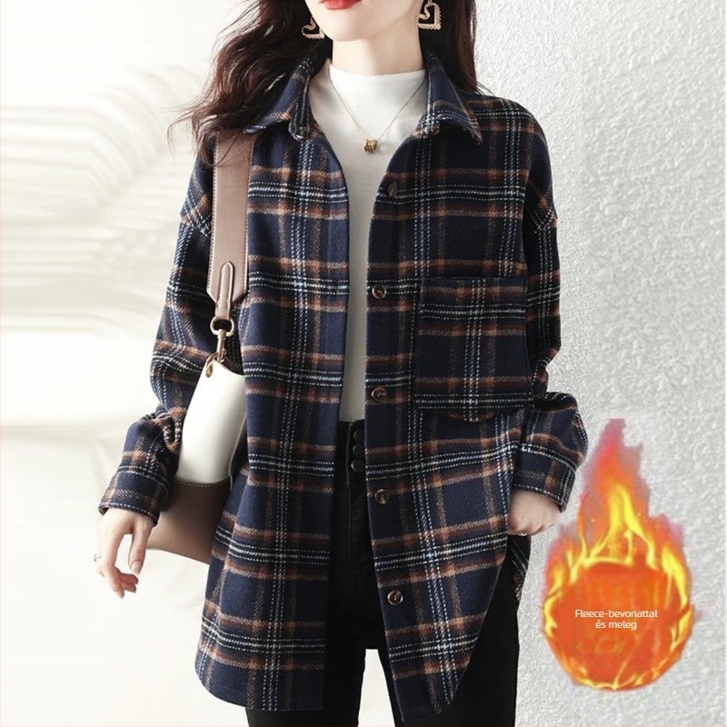 Női pamut kockás ing-jacka hosszú ujjú, polo gallér, zsebek, 70-80% pamut