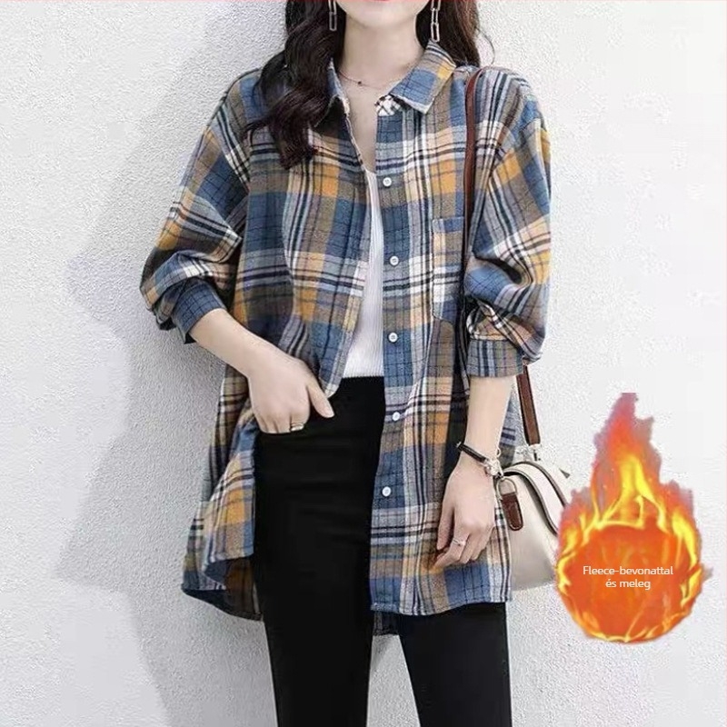Női pamut kockás ing-jacka hosszú ujjú, polo gallér, zsebek, 70-80% pamut