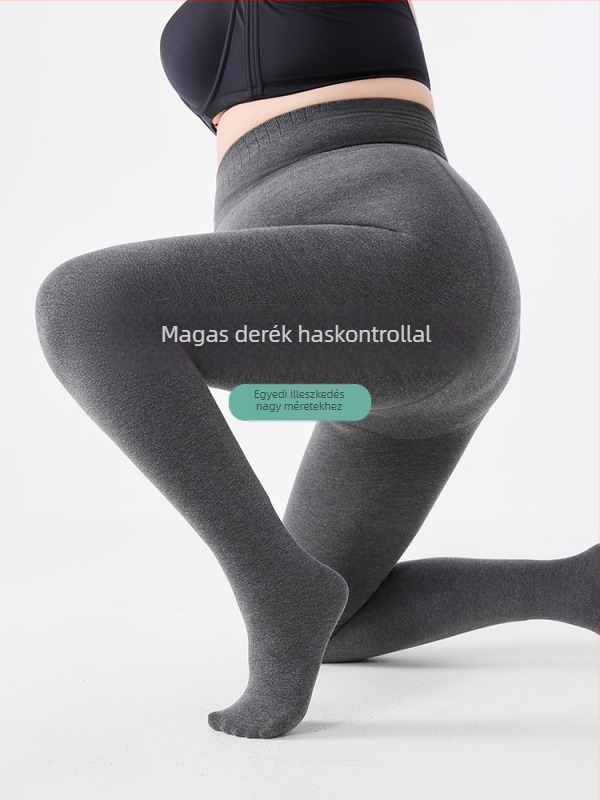 Plusz méretű, szürke pamut leggings fleece-béléses, vastag téli ruházat