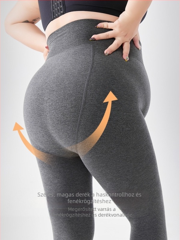 Plusz méretű, szürke pamut leggings fleece-béléses, vastag téli ruházat