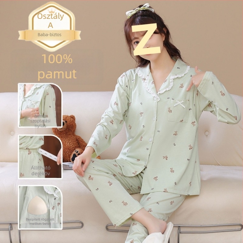 Posztpartum szoptatós pizsama, 100% pamut, minden évszakban, melltámasz betétekkel; Szövet neve: Tr fabric; Fő anyag: PVC; Fő anyag tartalma: ≤30%; Hosszú ujjú; Gallér: polo