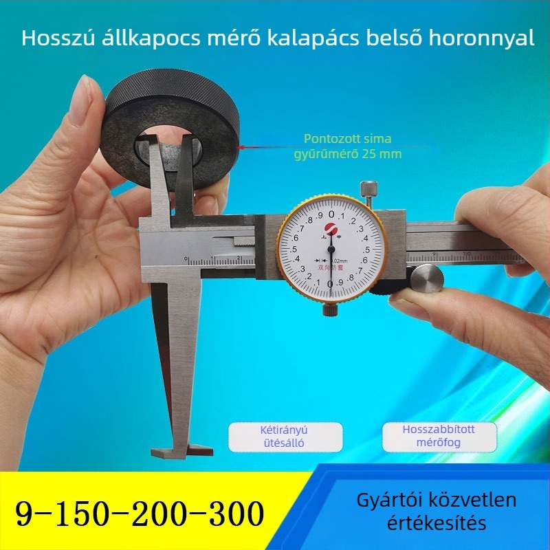 Shangshen tolómérő óra, belső hornyolás, hosszú állcsapok, modell 9-150mm, mérési tartomány 9-150mm, felbontás 0,02 mm