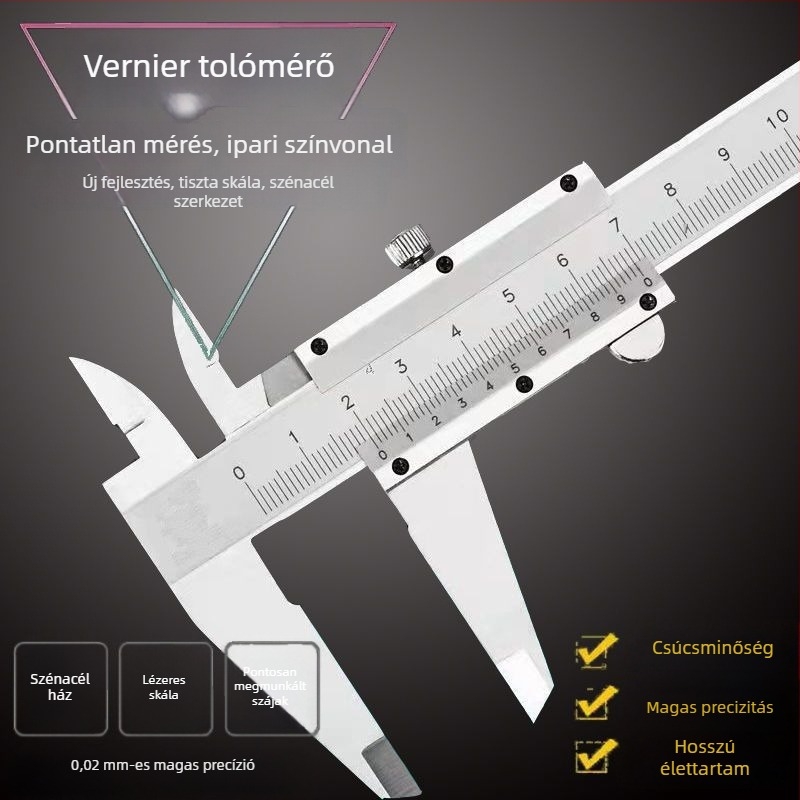 Vernier tolómérő, ipari minőségű, nagy pontosságú, integrált acél