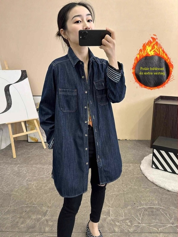 Női denim ing fleece-béléssel, meleg, középhosszú, őszi–téli laza szabású