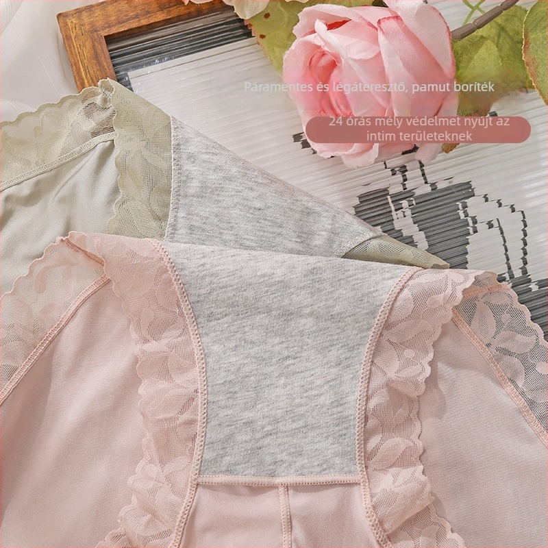 Női seamless középmagas derekú bugyi, nylon hálószövetes csipke, pamut ágyék-bélés, jacquard szövés, 80–90% nylon