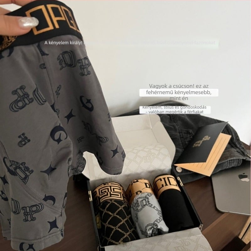 Nagy márkájú férfi alsónemű ajándékkosár, 100% pamut, 3D kontúr zseb, Mulberry silk alsó rész, antibakteriális, lélegző, sportos boxer