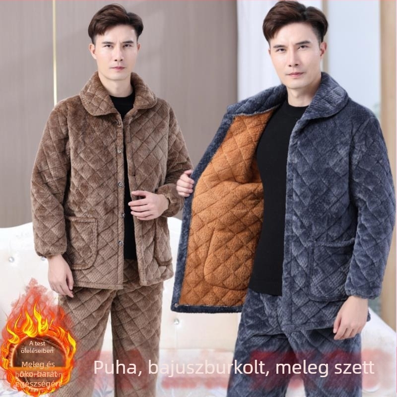 Férfi téli pizsama szett háromrétegű bélelt elasztikus pamutból, plusz méret, hosszú ujjú, otthoni viselet