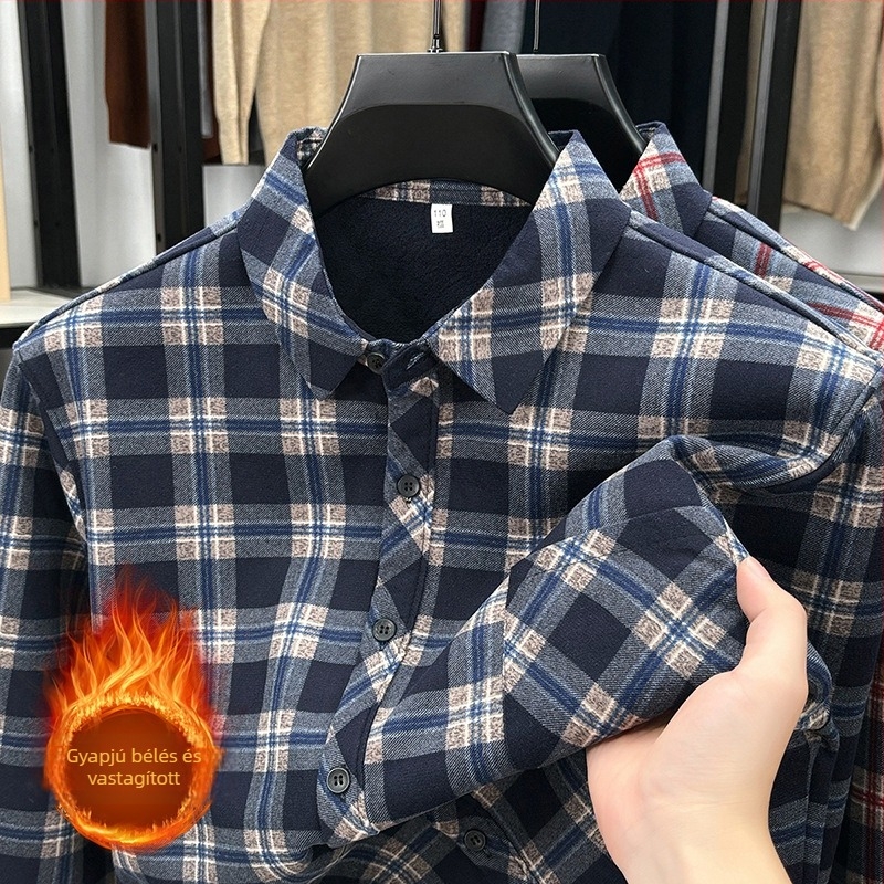 Férfi kockás pólóing fleece béléssel, lazán szabott, hosszú ujjú, retro stílus, őszi-téli