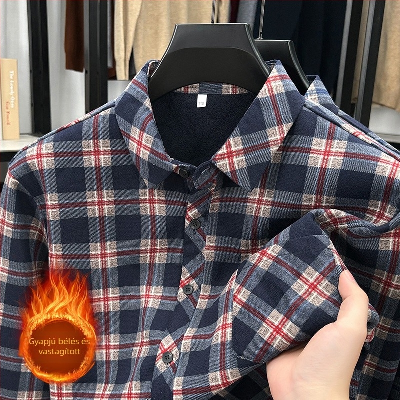 Férfi kockás pólóing fleece béléssel, lazán szabott, hosszú ujjú, retro stílus, őszi-téli