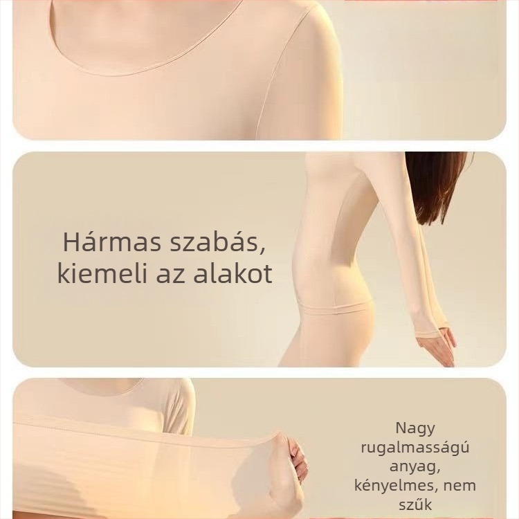Női nejlonos termikus alapszint készlet, ultra vékony felső hosszú ujjú és nadrág, kerek nyakú, őszi-téli