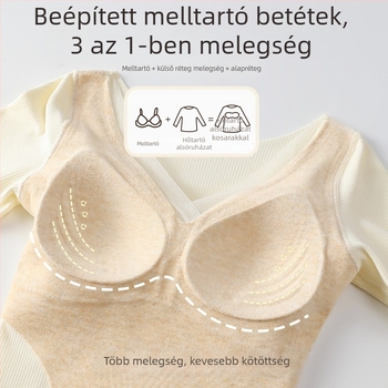 Derong termo alsónemű selyem–gyapjú fűtőpanellel, beépített melltartóbetéttel, melltartó nélkül viselhető, hosszú ujjú alapréteg, téli külső viseletre alkalmas