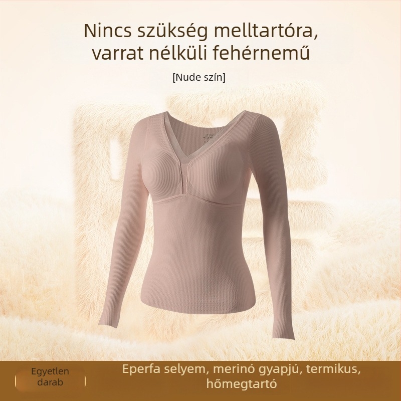 Derong termo alsónemű selyem–gyapjú fűtőpanellel, beépített melltartóbetéttel, melltartó nélkül viselhető, hosszú ujjú alapréteg, téli külső viseletre alkalmas