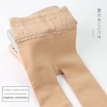 Csipkés, magas derekú leggings nőknek, haskontrollal és csípőemeléssel, fleece-betétes, vast téli meleg, karcsú lábak