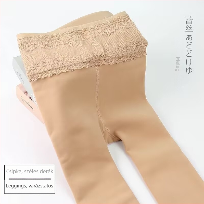 Csipkés, magas derekú leggings nőknek, haskontrollal és csípőemeléssel, fleece-betétes, vast téli meleg, karcsú lábak