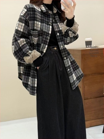 Fleece-béléssel bélelt kockásing, hosszú ujjú, galléros, egysoros gombolás