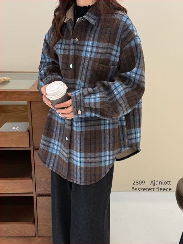 Fleece-béléssel bélelt kockásing, hosszú ujjú, galléros, egysoros gombolás
