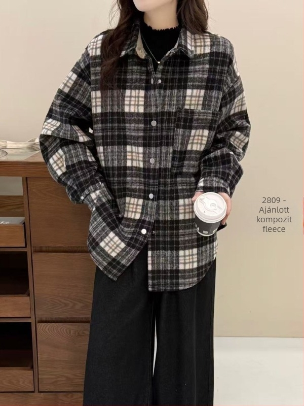 Fleece-béléssel bélelt kockásing, hosszú ujjú, galléros, egysoros gombolás