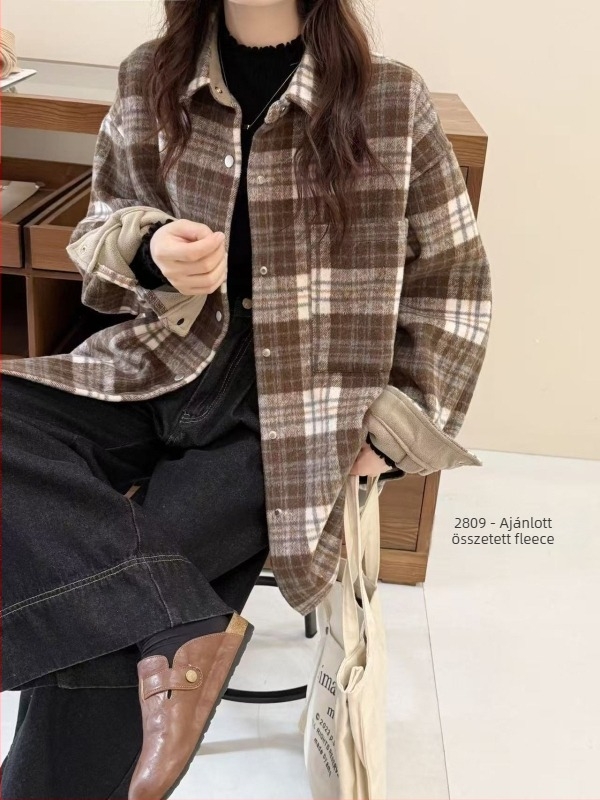 Fleece-béléssel bélelt kockásing, hosszú ujjú, galléros, egysoros gombolás