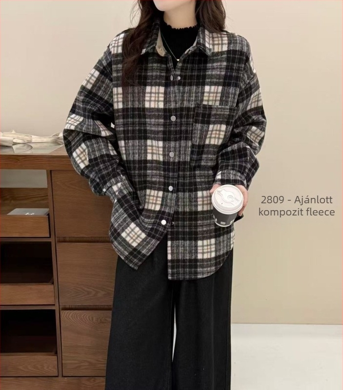 Fleece-béléssel bélelt kockásing, hosszú ujjú, galléros, egysoros gombolás