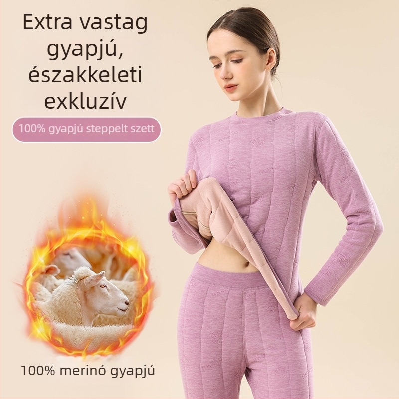 Női 100% gyapjú töltésű termo alsó készlet, téli fleece-béléssel, rendkívül vastag, háromrétegű