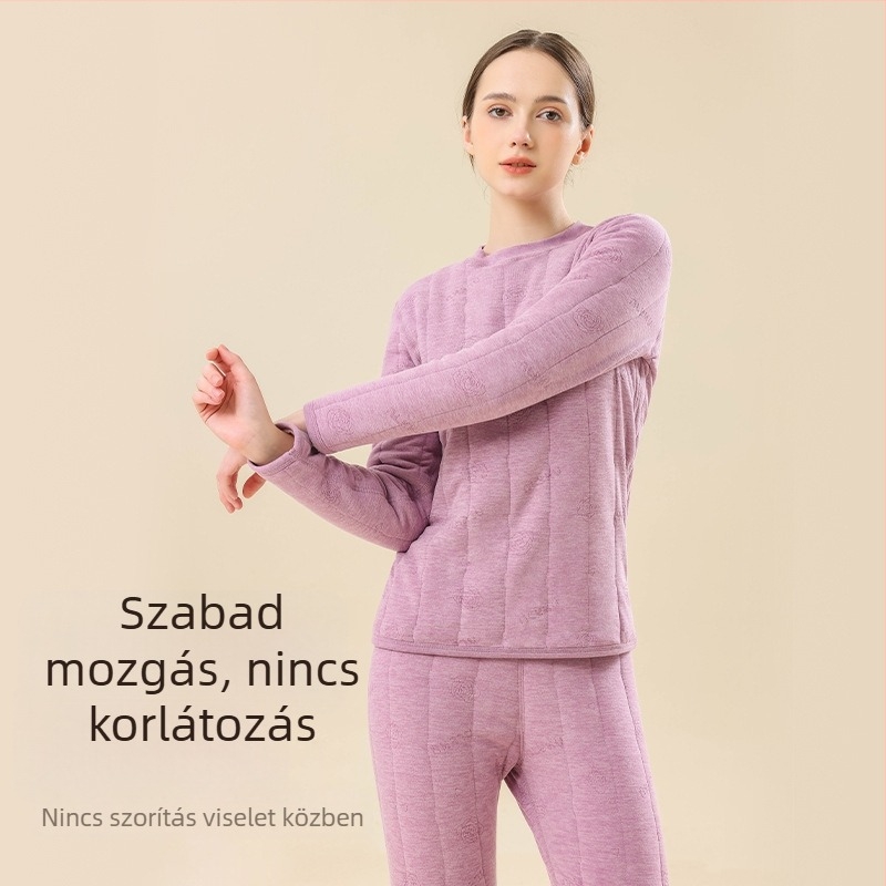 Női 100% gyapjú töltésű termo alsó készlet, téli fleece-béléssel, rendkívül vastag, háromrétegű