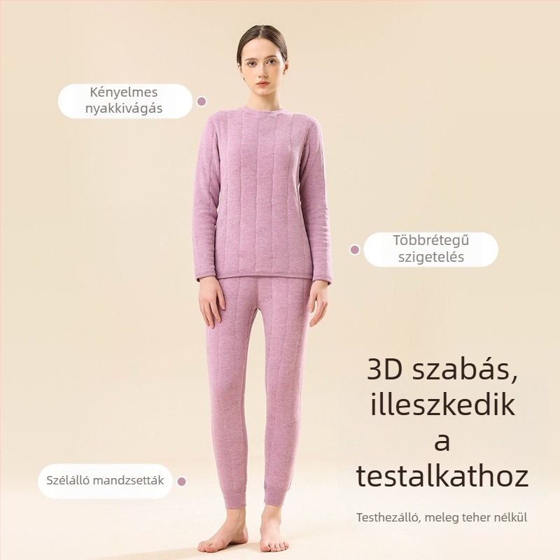 Női 100% gyapjú töltésű termo alsó készlet, téli fleece-béléssel, rendkívül vastag, háromrétegű