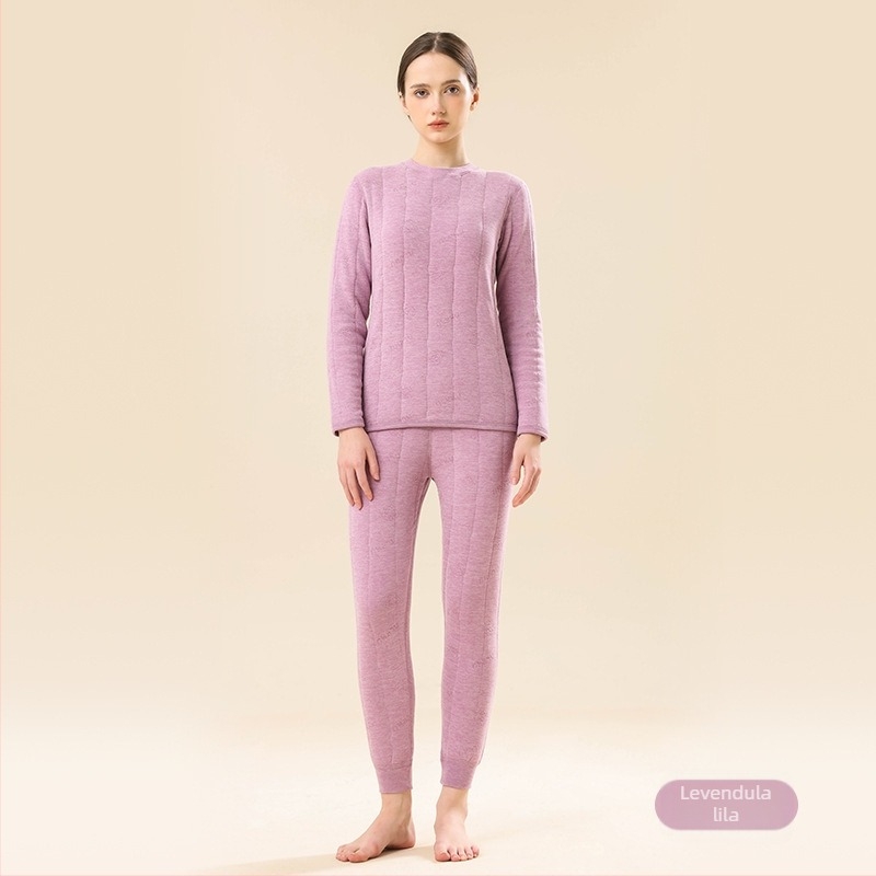 Női 100% gyapjú töltésű termo alsó készlet, téli fleece-béléssel, rendkívül vastag, háromrétegű