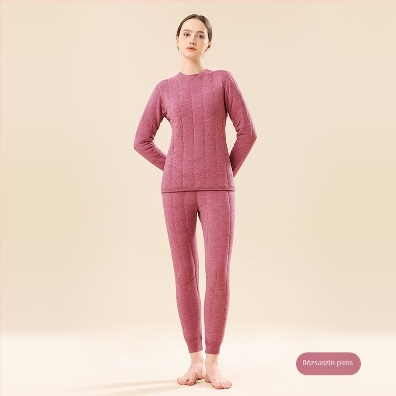 Női 100% gyapjú töltésű termo alsó készlet, téli fleece-béléssel, rendkívül vastag, háromrétegű