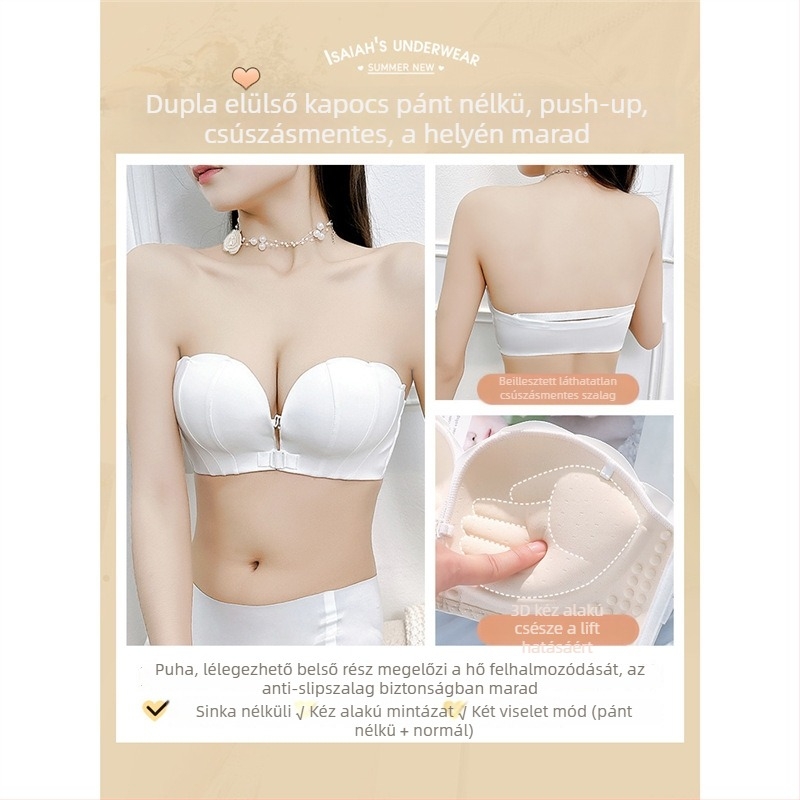 Strapless melltartó előre záródással, levehető dupla vállpántokkal, push-up hatás és összegyűjtés, 3/4 kosár, nylon