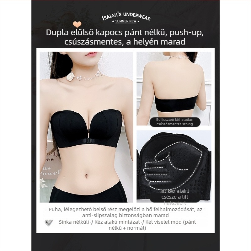 Strapless melltartó előre záródással, levehető dupla vállpántokkal, push-up hatás és összegyűjtés, 3/4 kosár, nylon