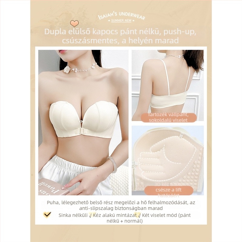 Strapless melltartó előre záródással, levehető dupla vállpántokkal, push-up hatás és összegyűjtés, 3/4 kosár, nylon