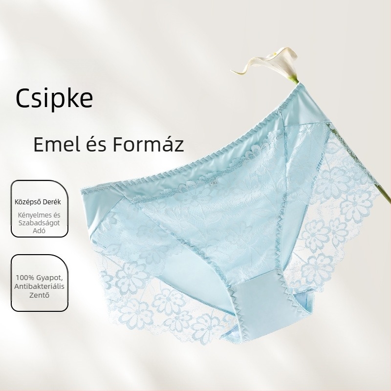 Női csipkés alsónemű virágos mintával, nylon csipke anyagból, ágyék része 100% pamut, középmagas derekú, jacquard szövés