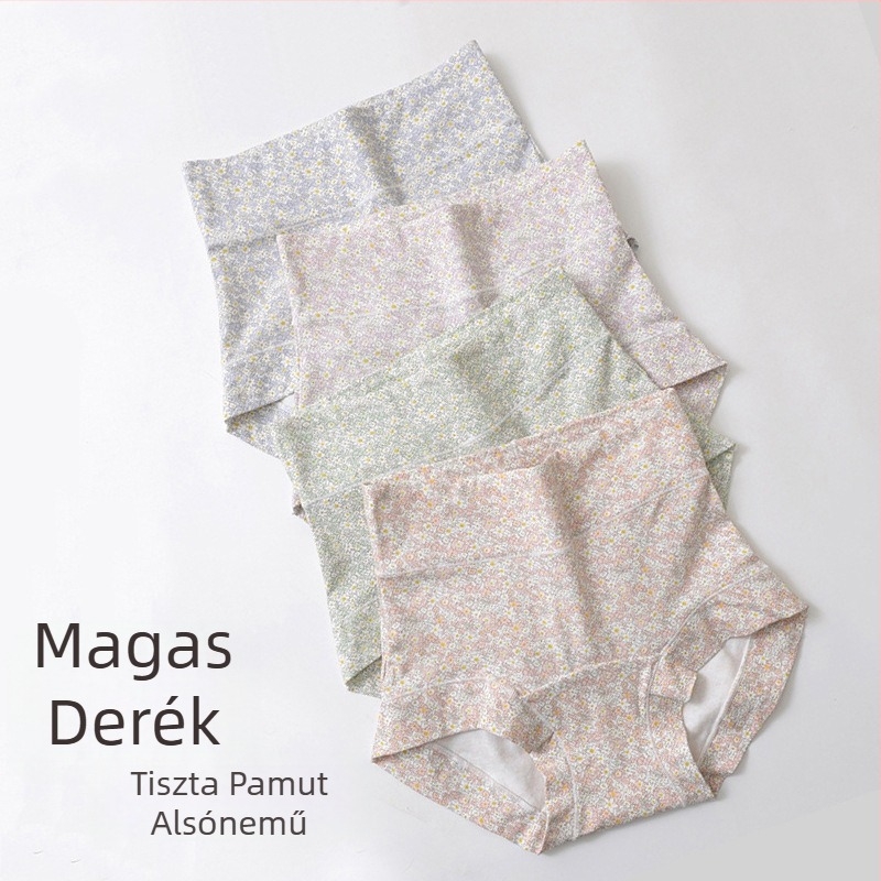 Női pamut virágmintás magas derekú bugyi, lélegző, feneket emelő, pamut bélés