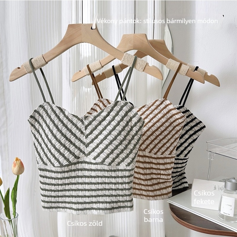 Női vezeték nélküli csőtop párnázott, patchwork csíkos dizájn, vékony pántok, fehérnemű