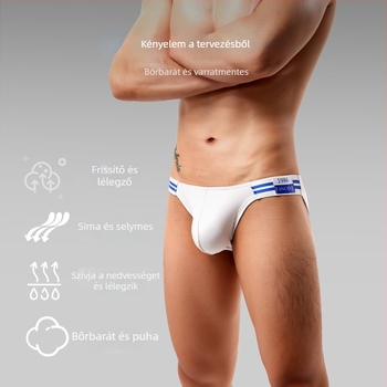 Férfi háromszög alakú alsónemű Modal anyagból — 90–95% Modal, 50 Count, lélegző kötött anyag, középső derekú, ágyéknál Spandex 80–90%