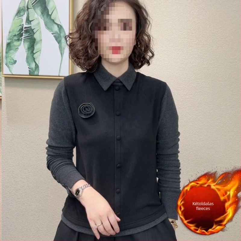 Spandex és velúr anyagú ing, egyszínű, hosszú ujjú, rever gallérral, karcsú szabás