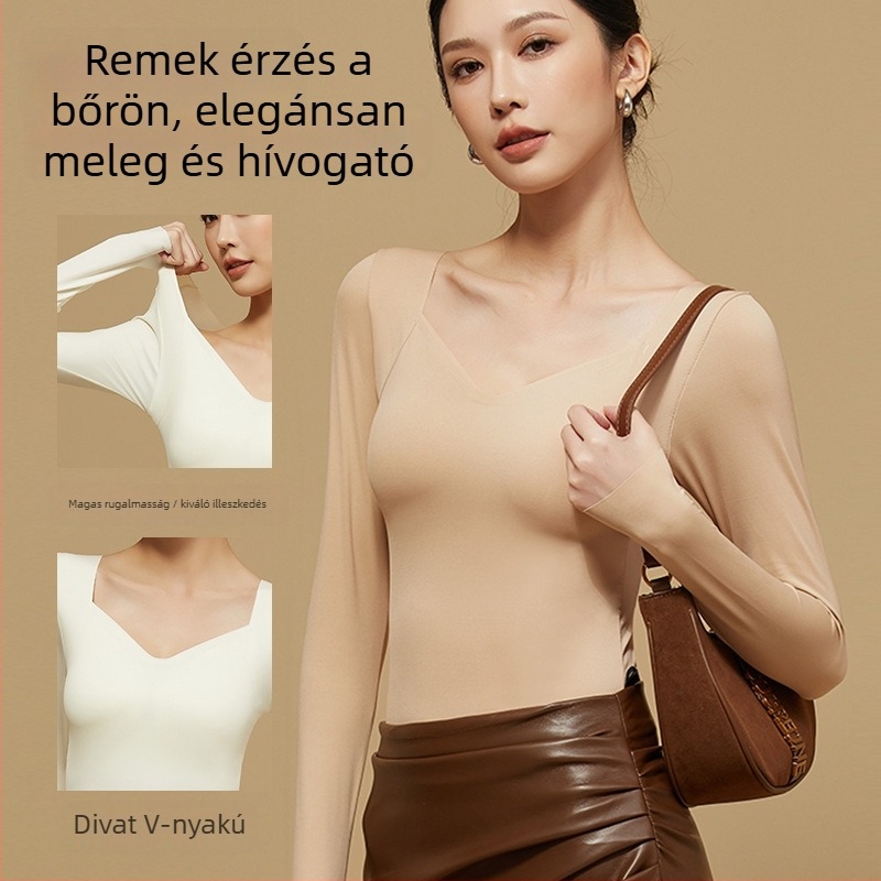 Női alapréteg felső beépített melltartóval, hosszú ujjú, V-nyakú, nejlon, fekete, őszi-téli