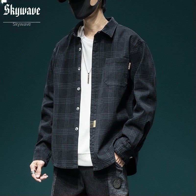 Japán-stílusú kockás férfi hosszú ujjú ing, bő szabás, téli fleece-betétes, casual munkaruha kabát, retro stílus.