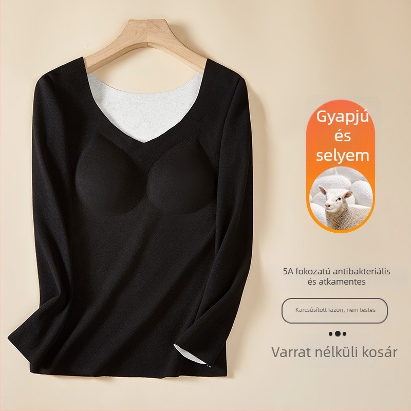 Női őszi–téli termo készlet: V-nyakú felső beépített melltartóval és mellkas párnával, fleece-betéttel, vastag, hosszú nadrággal