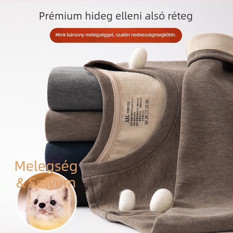 Férfi termál készlet fleeces bélésével, varrat nélküli, kerek nyakú, hosszú ujjú felső és nadrág, közepes vastagság 161–180 g/m²