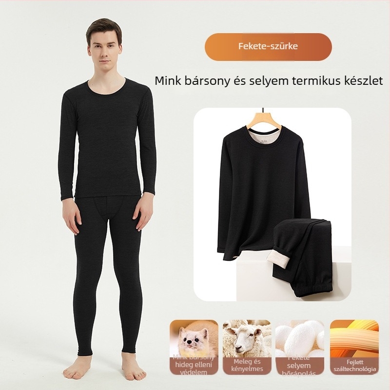 Férfi termál készlet fleeces bélésével, varrat nélküli, kerek nyakú, hosszú ujjú felső és nadrág, közepes vastagság 161–180 g/m²